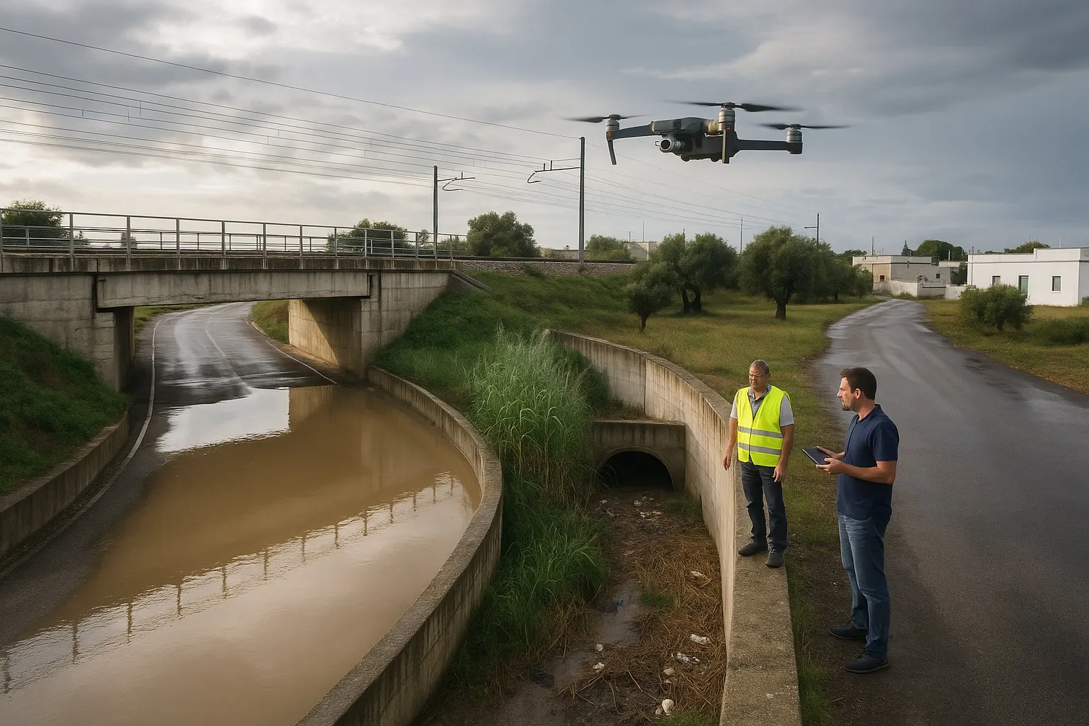 Periferia di un paese pugliese dopo un temporale: sottopasso ferroviario allagato da acqua fangosa e, accanto, il canale di guardia in calcestruzzo con l’imbocco del tombino invaso da canne, sedimenti e rifiuti; un tecnico con giubbotto ad alta visibilità e una persona con un tablet osservano un drone in volo sopra il canale