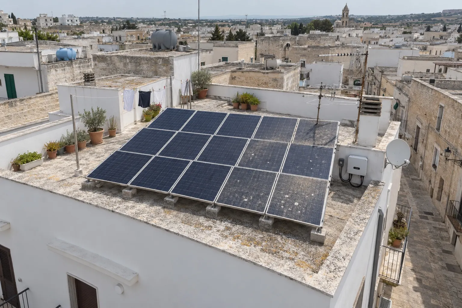 Terrazzo di una casa bianca in un centro storico pugliese con impianto fotovoltaico di quindici moduli, alcuni visibilmente più sporchi e macchiati, inverter a parete, antenna TV accanto ai pannelli, vasi e panni stesi