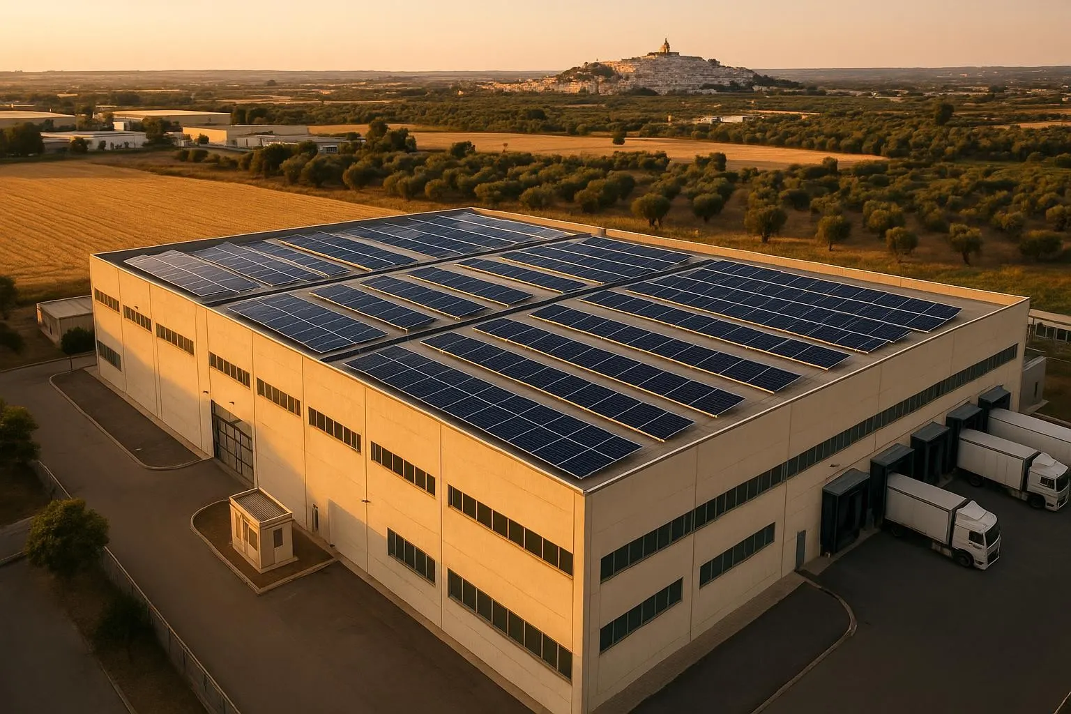 Vista aerea al tramonto di un capannone industriale con impianto fotovoltaico in copertura disposto in file regolari, camion alle baie di carico, campi di grano e uliveti attorno e un paese su una collina all’orizzonte