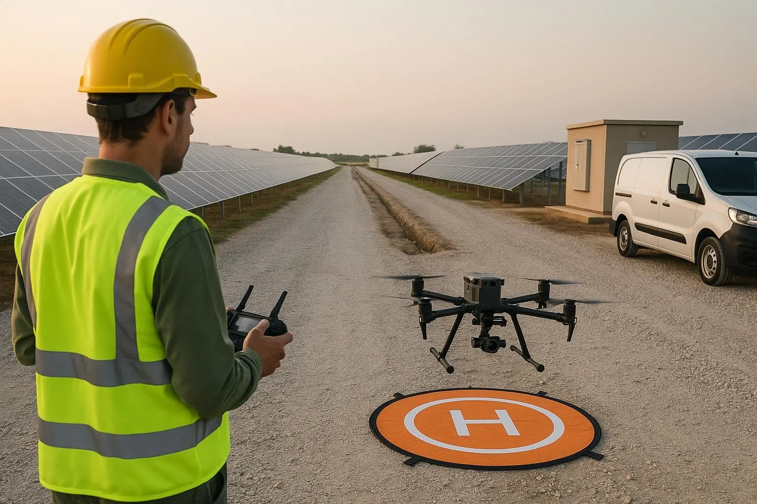 Tecnico con casco giallo e giubbotto ad alta visibilità che pilota un drone con camera termica in decollo da una piazzola, in un impianto fotovoltaico a terra appena realizzato, con cabina elettrica e furgone sullo sfondo all’alba