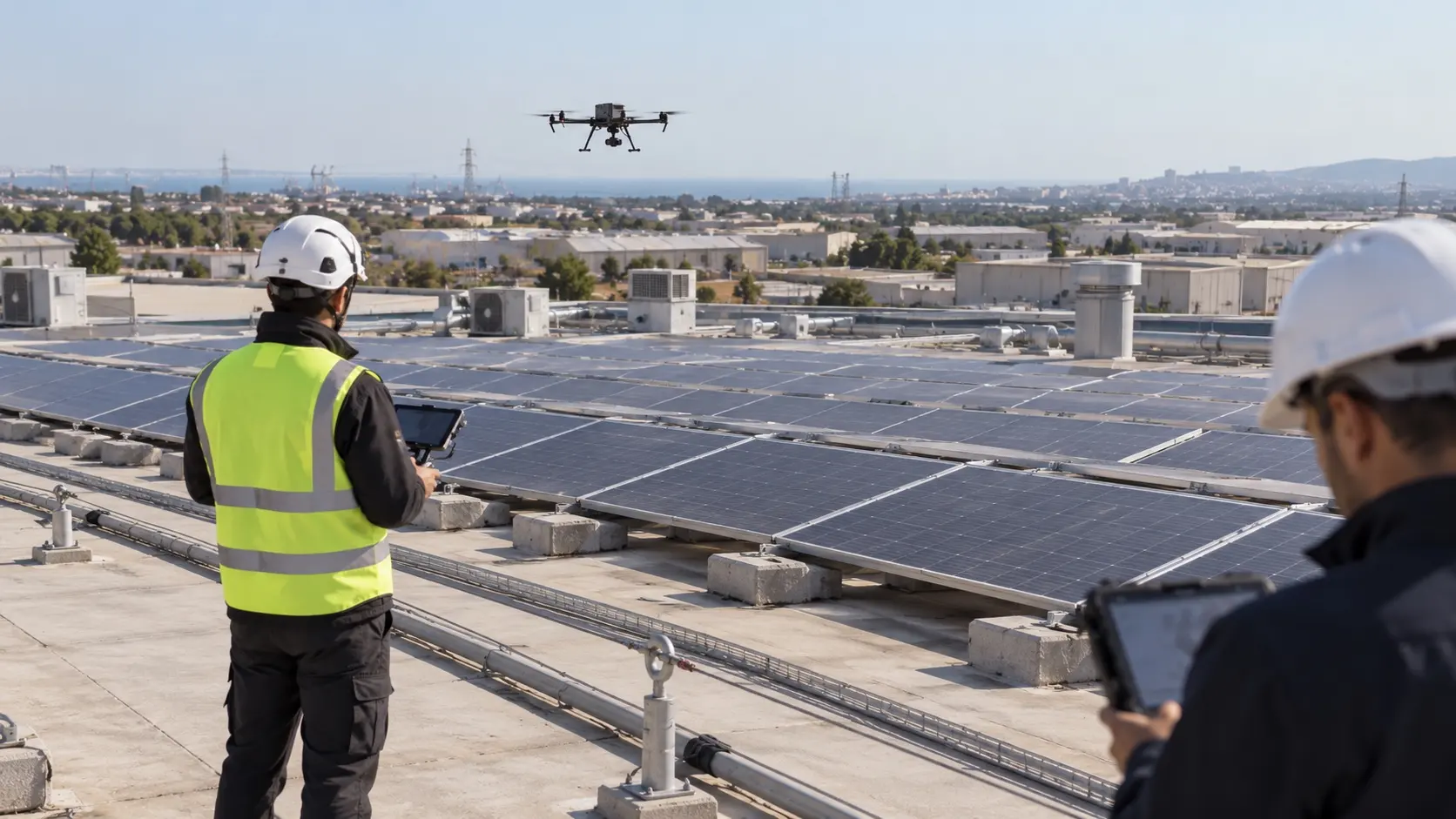 Copertura piana di un edificio industriale con file di moduli fotovoltaici su zavorre e linea vita; un pilota con casco e giubbotto ad alta visibilità guida il drone in volo sopra i pannelli, mentre un tecnico in primo piano consulta un tablet; sullo sfondo una zona industriale e il mare