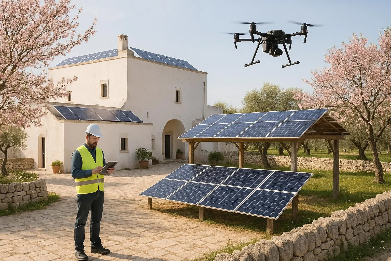 Masseria bianca in primavera con moduli fotovoltaici sul tetto e su una pergola, mandorli in fiore e muretti a secco; un tecnico con casco e giubbotto ad alta visibilità consulta un tablet mentre un drone sorvola i pannelli