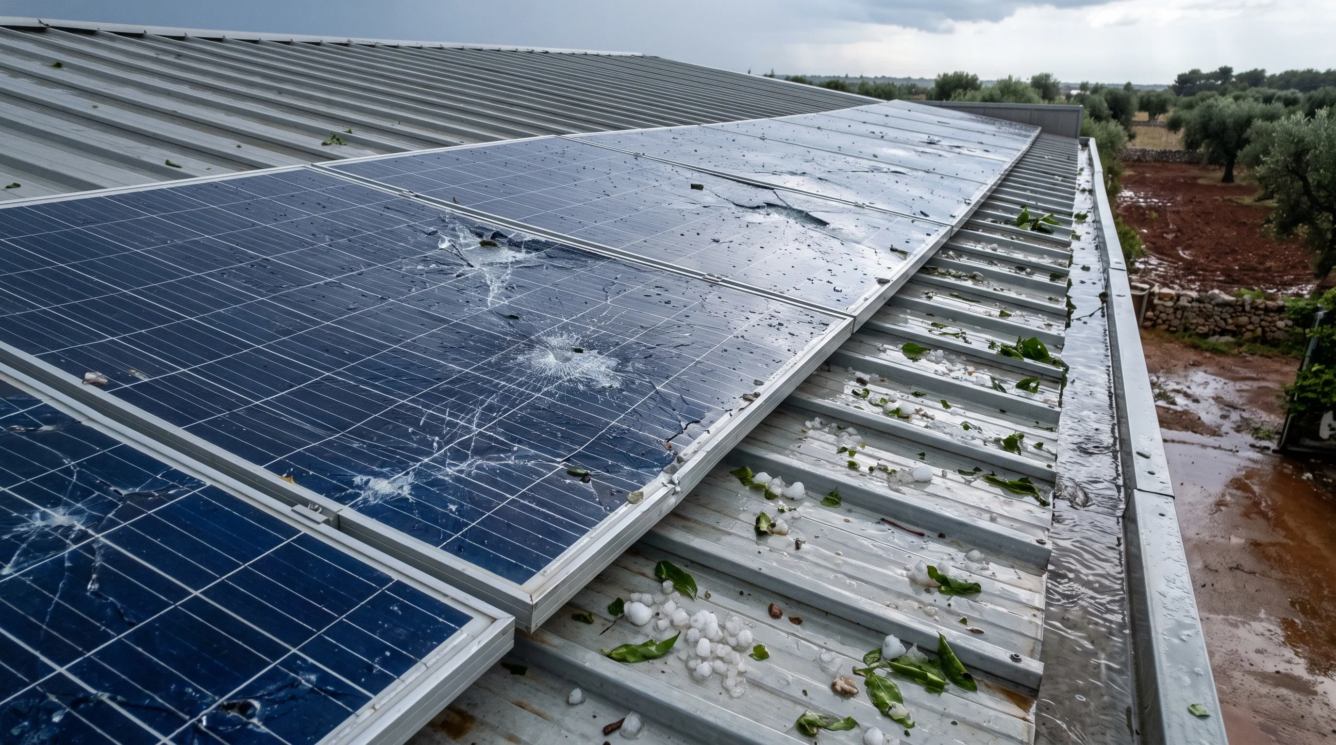 Moduli fotovoltaici su una copertura metallica subito dopo una grandinata: vetri con rotture a ragnatela nei punti di impatto, chicchi di grandine e foglie sulla lamiera bagnata, cielo grigio e uliveto sullo sfondo