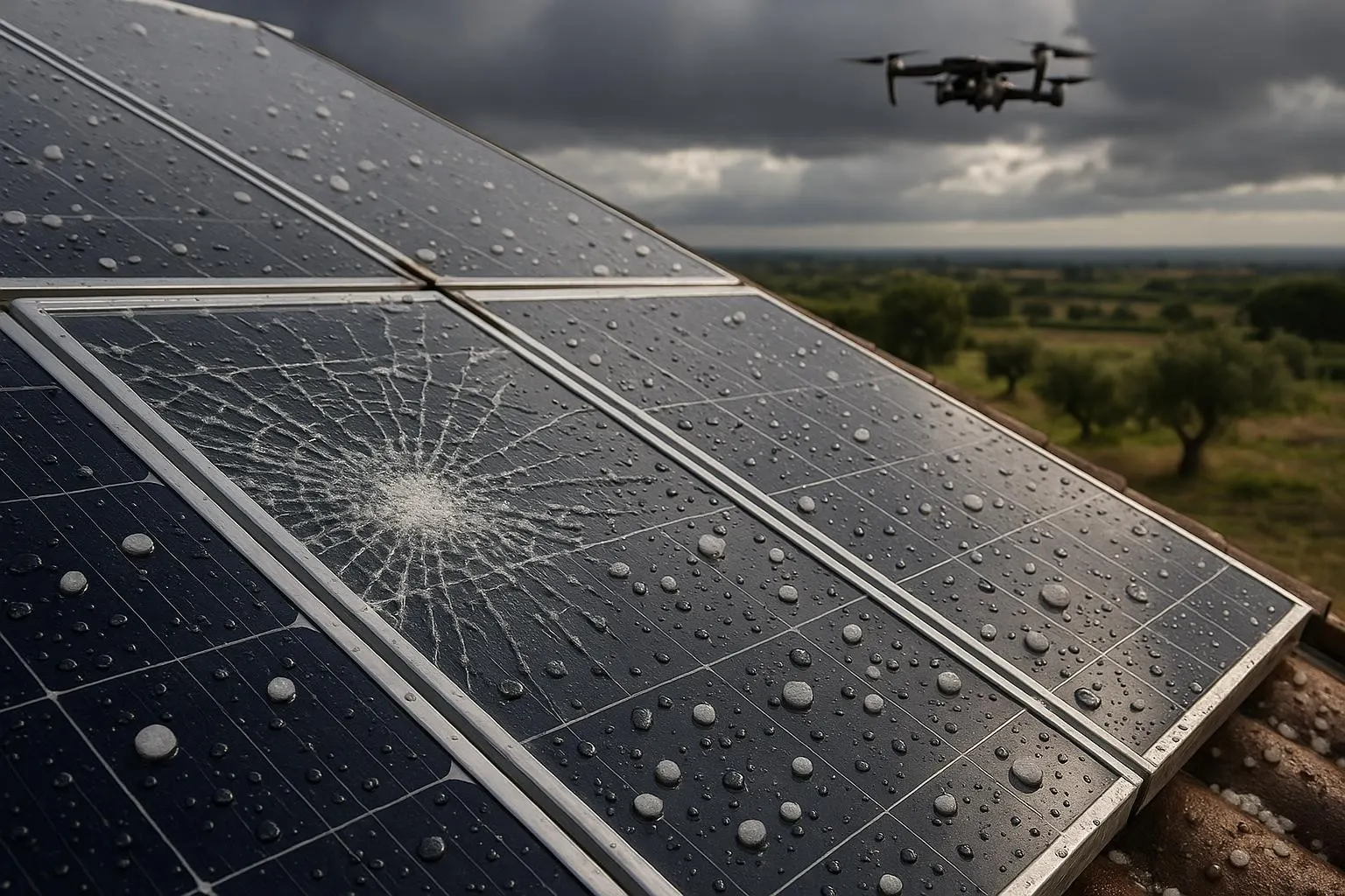 Moduli fotovoltaici su un tetto in coppi subito dopo una grandinata: il vetro di un modulo è frantumato a ragnatela, chicchi di grandine e gocce sui pannelli; sullo sfondo nuvole scure, campagna con ulivi e un drone in volo