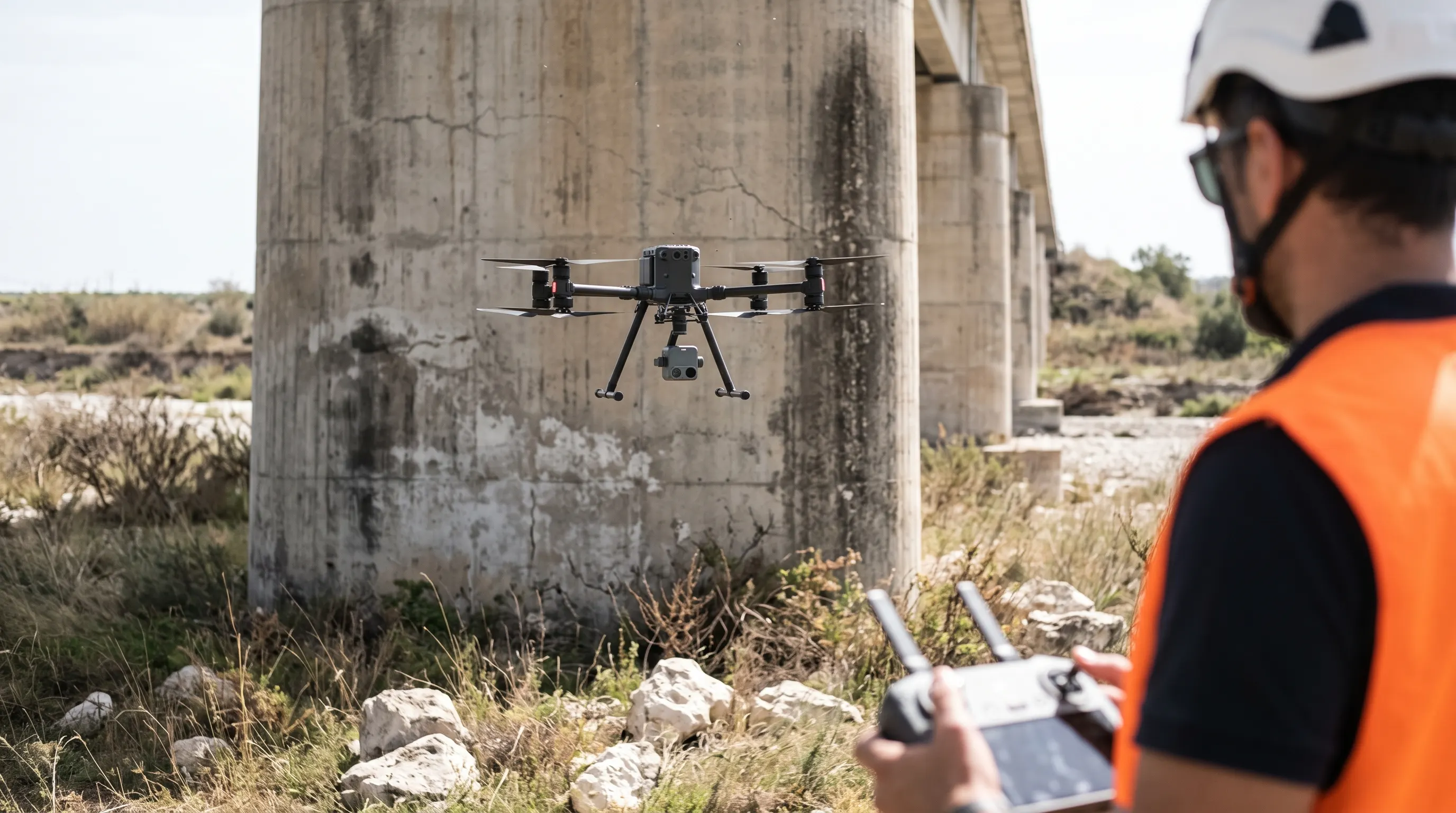 Drone industriale con camera stabilizzata in volo davanti alla pila in calcestruzzo di un ponte, con fessure e colature scure; in primo piano, di spalle e sfocato, il pilota con casco e giubbotto arancione che tiene il radiocomando