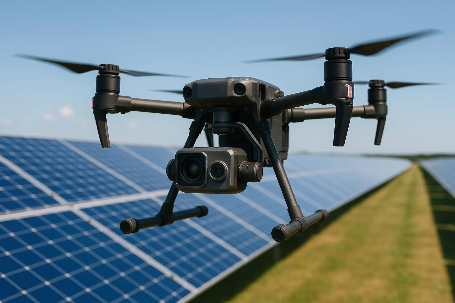 Drone professionale con camera termica e visibile in volo a bassa quota sopra le file di moduli di un impianto fotovoltaico a terra, sotto un cielo sereno