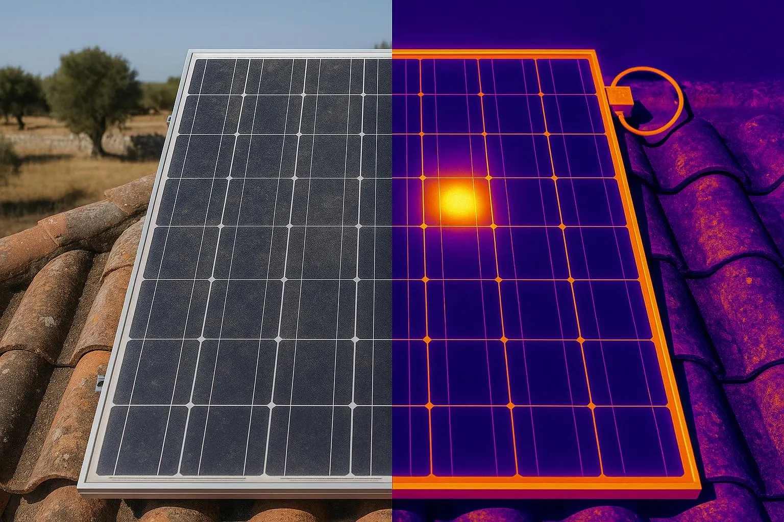 Lo stesso modulo fotovoltaico su un tetto in coppi visto in due metà: a sinistra in luce visibile, impolverato ma apparentemente integro; a destra in falsi colori termici, con una cella molto più calda delle altre