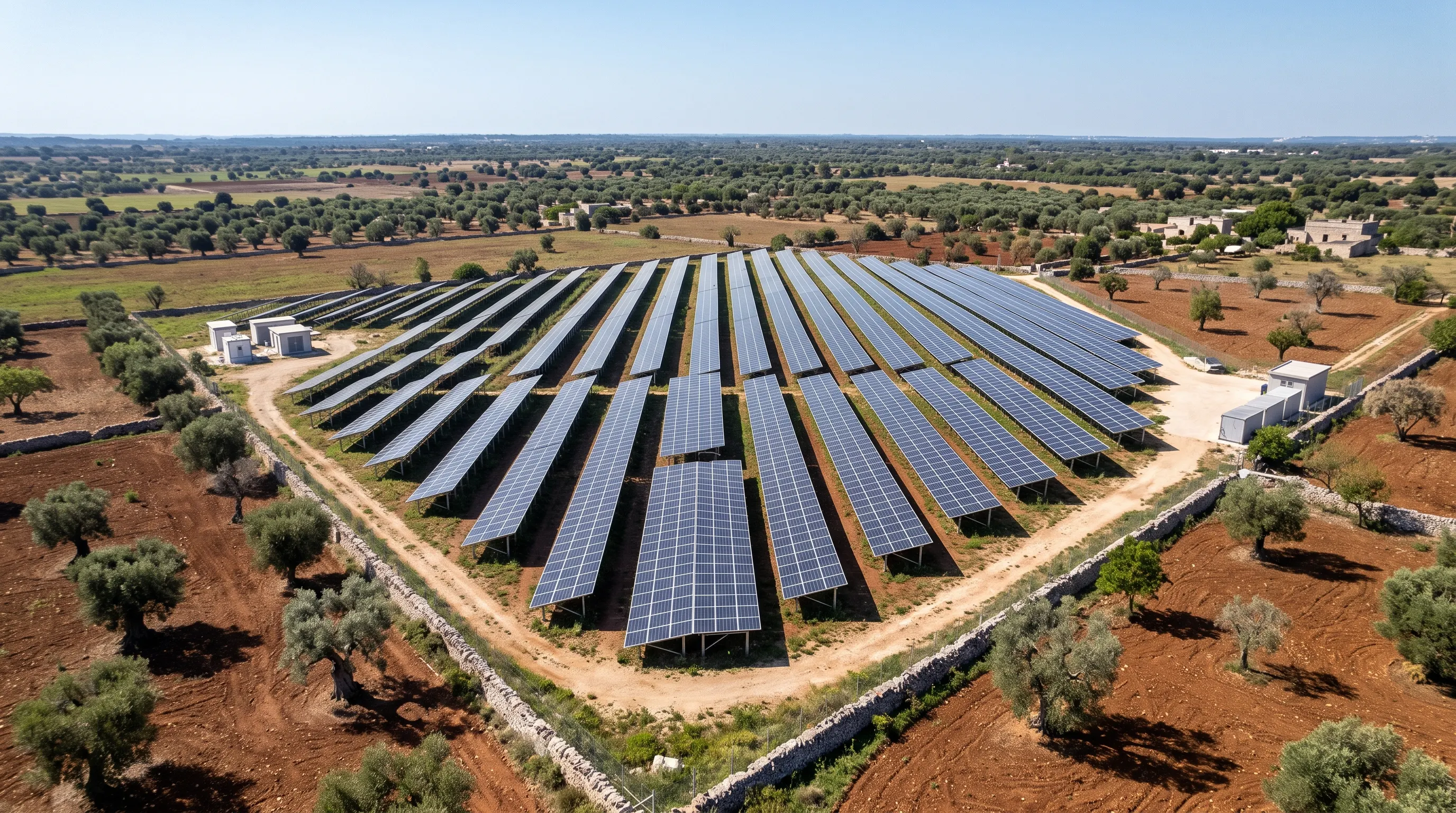 Vista aerea di un impianto fotovoltaico a terra con file di moduli, cabine elettriche e recinzione, circondato da uliveti e muretti a secco