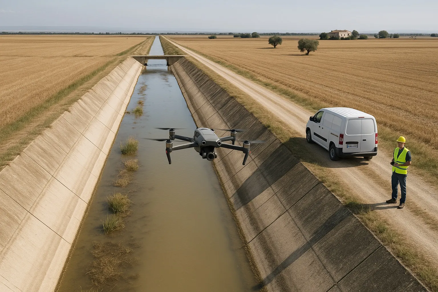Canale di bonifica rivestito in calcestruzzo con sezione trapezia che attraversa i campi di grano mietuto del Tavoliere; acqua bassa e torbida con ciuffi di canne sul fondo, un ponticello in lontananza, un drone in volo lungo l’asse del canale e un tecnico con casco e giubbotto ad alta visibilità accanto a un furgone bianco sulla pista di servizio