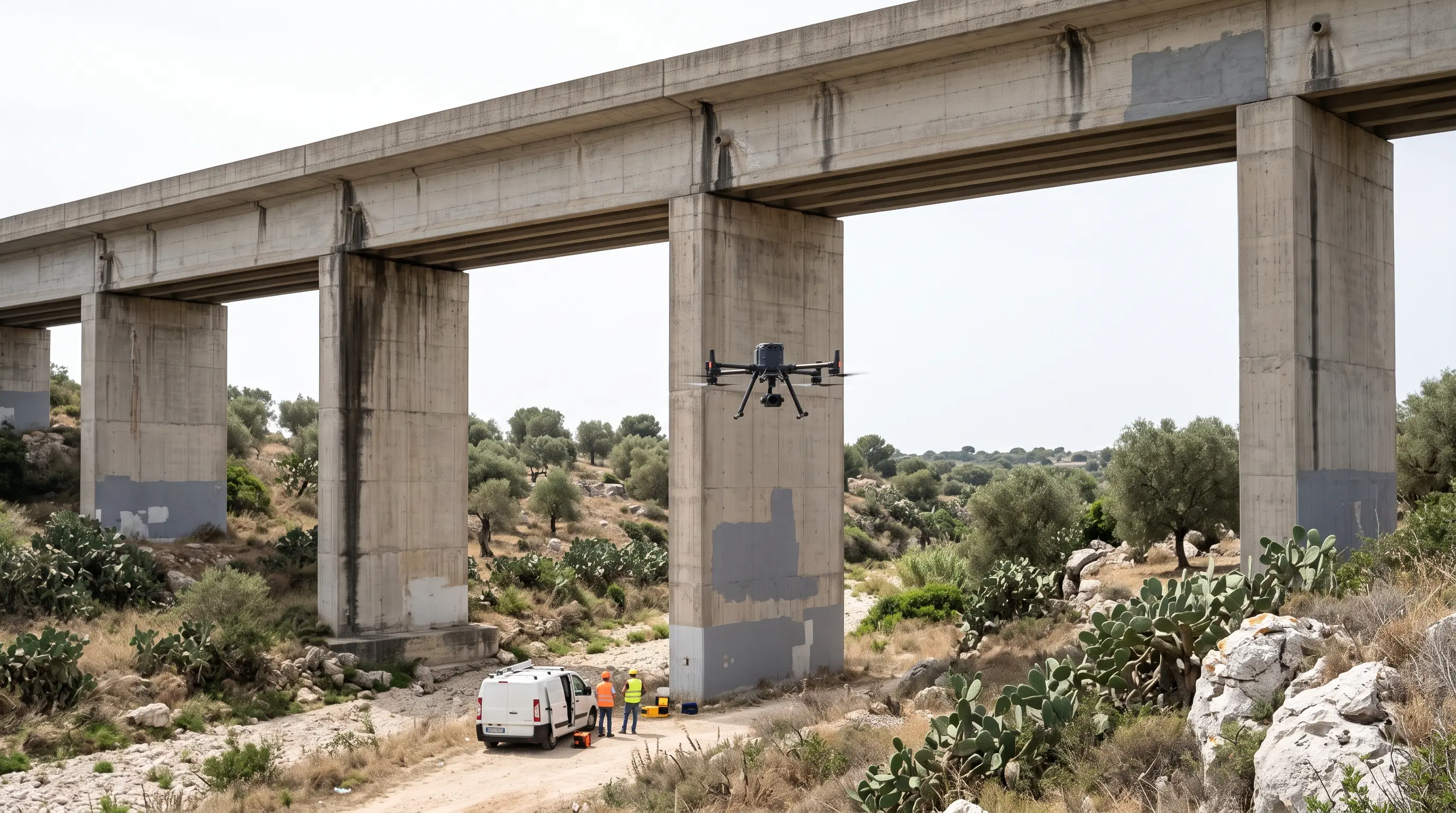 Viadotto in calcestruzzo con pile rettangolari che attraversa una lama asciutta tra ulivi e fichi d’india; un drone industriale in volo accanto a una pila e, sotto, due tecnici con giubbotti ad alta visibilità vicino a un furgone bianco