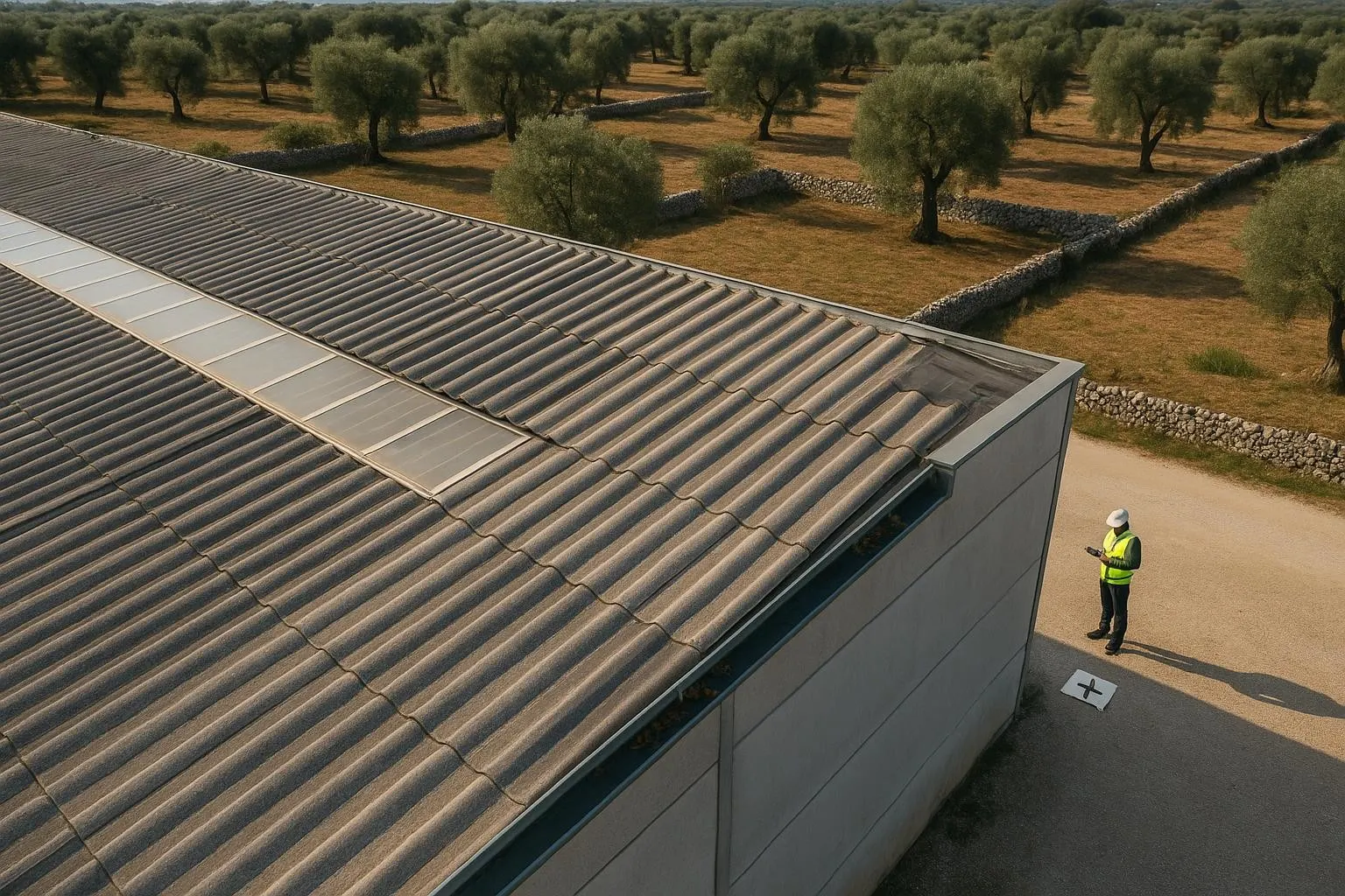 Vista aerea obliqua della copertura di un capannone agricolo con lastre ondulate grigie, una fila di lucernari e la gronda; nel piazzale un tecnico con casco e giubbotto ad alta visibilità accanto a un marker a terra, tra uliveti e muretti a secco
