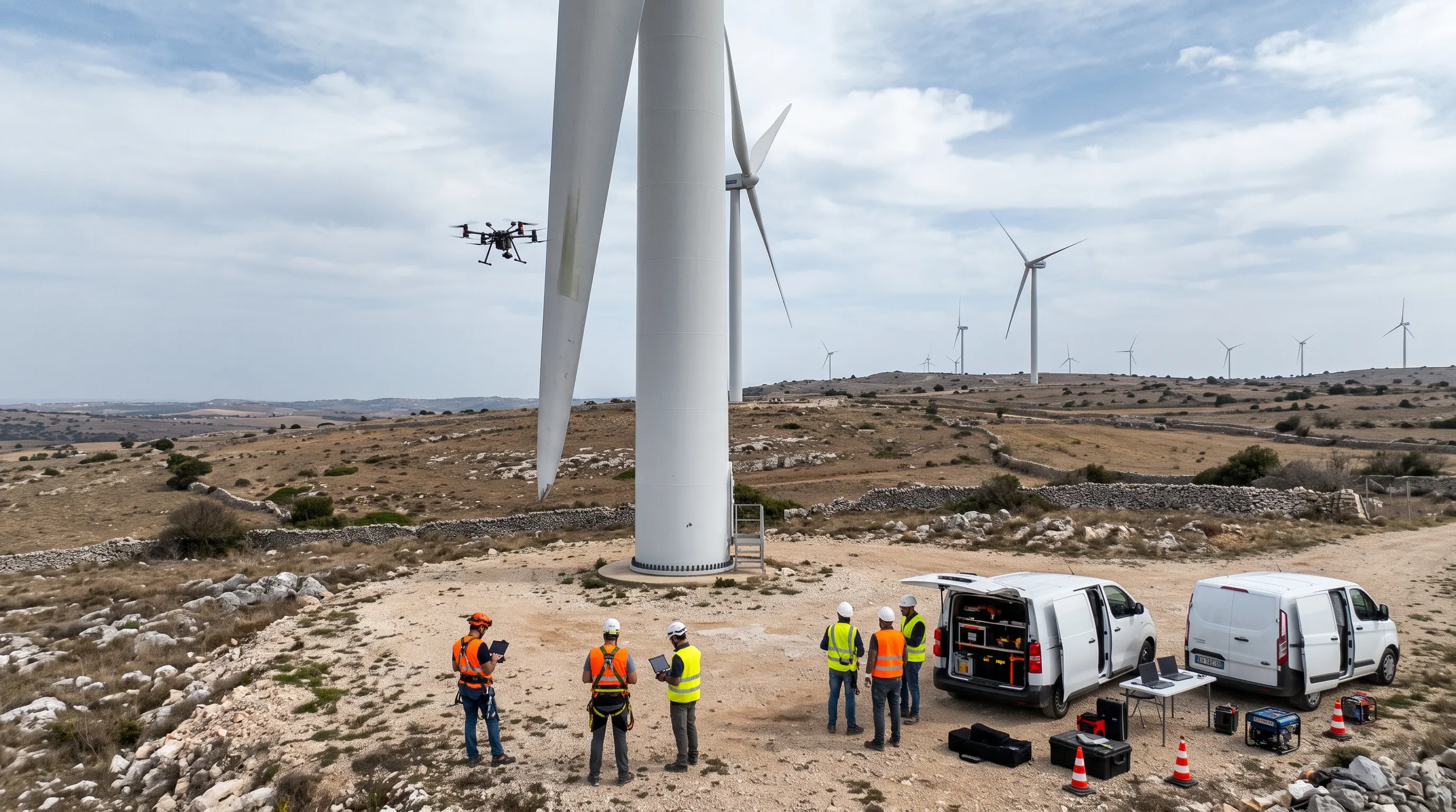 Squadra di tecnici con caschi e giubbotti ad alta visibilità, alcuni con imbracatura e tablet, alla base di un aerogeneratore mentre un drone ispeziona la pala; due furgoni attrezzati con laptop e strumentazione sul piazzale