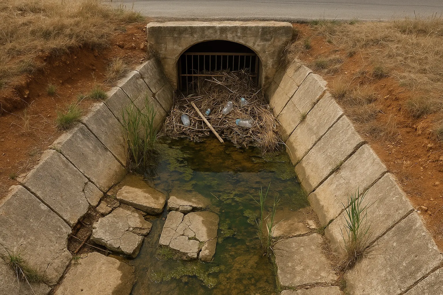 Imbocco di un tombino stradale visto dall’alto: la griglia è ostruita da canne secche, rami e bottiglie di plastica; il canale in lastre di calcestruzzo ha lastre del fondo rotte, acqua stagnante con alghe e canne che crescono dalle fessure, tra terra rossa ed erba secca